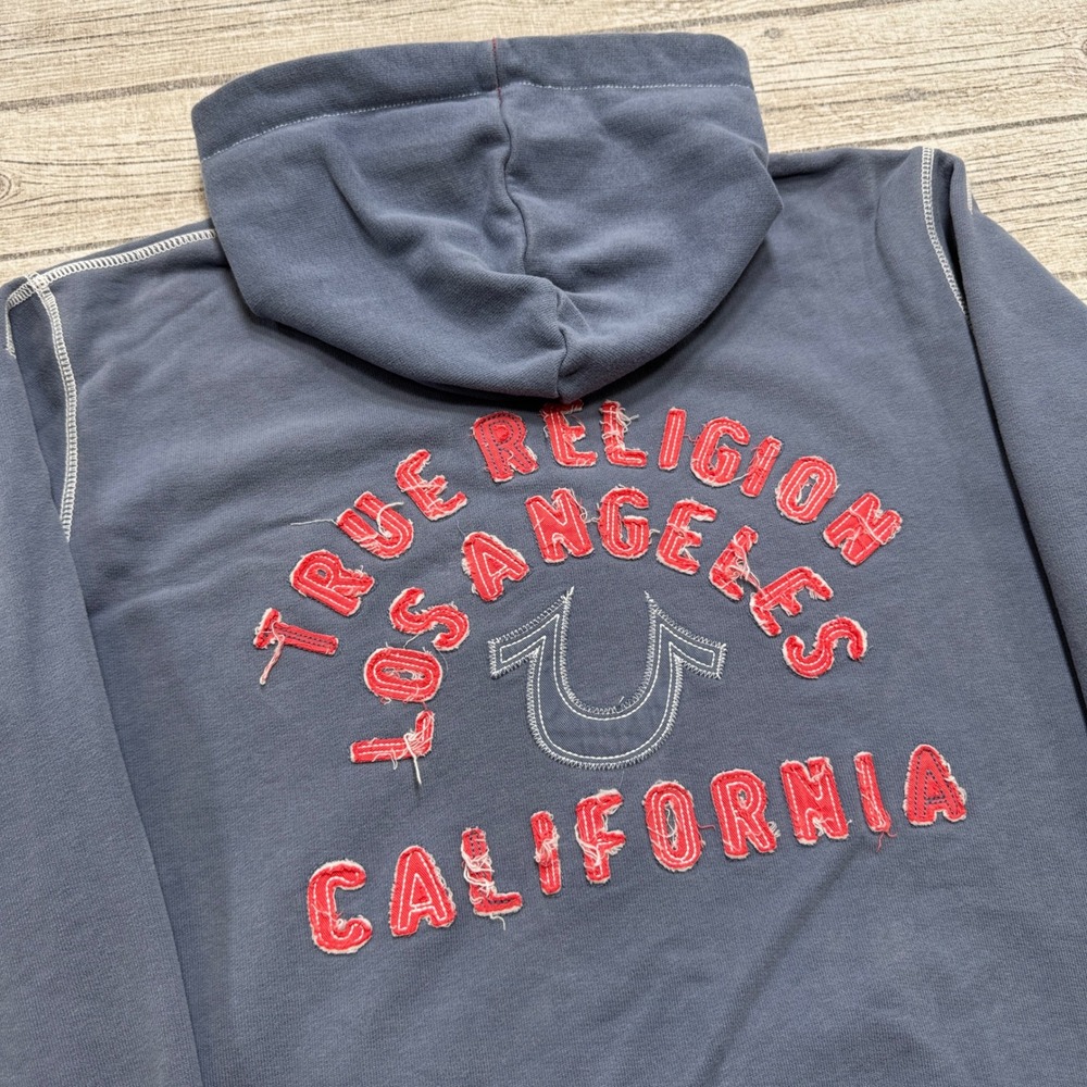 True Religion Hoodie Mens Medium Blue Full Zip Contrast Stitch Skater Streetwear